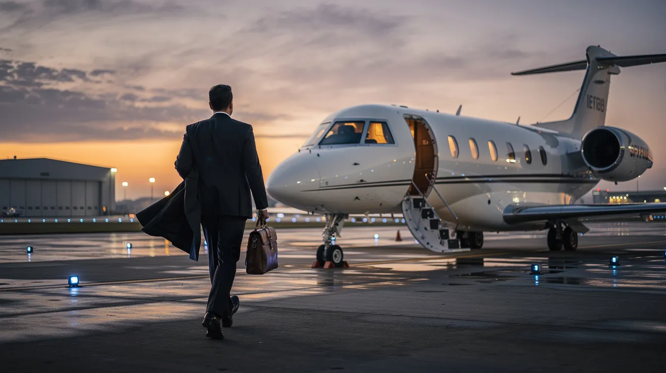 An executive in a tailored business suit is confidently walking towards a sleek private jet on an open airport apron, illuminated by the warm hues of dusk. This scene captures the essence of private aviation and the benefits of fractional jet ownership, highlighting the allure of exclusive air travel.
