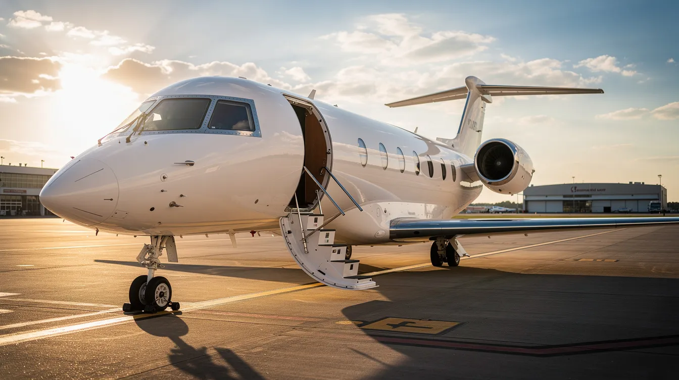 A sleek private jet with an open cabin door is parked on a sunlit tarmac, accompanied by rolling stairs for easy access. This image highlights the luxury of private aviation, showcasing the benefits of fractional jet ownership for those seeking personalized service and guaranteed flight hours.
