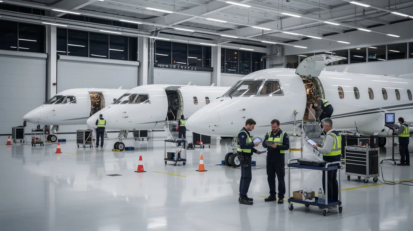 The image depicts a spacious private jet hangar illuminated by bright overhead lights, where a maintenance crew is diligently working on an aircraft. This setting highlights the ongoing maintenance and operational costs associated with private jet ownership and fractional ownership programs, ensuring the aircraft remains in top condition for private air travel.