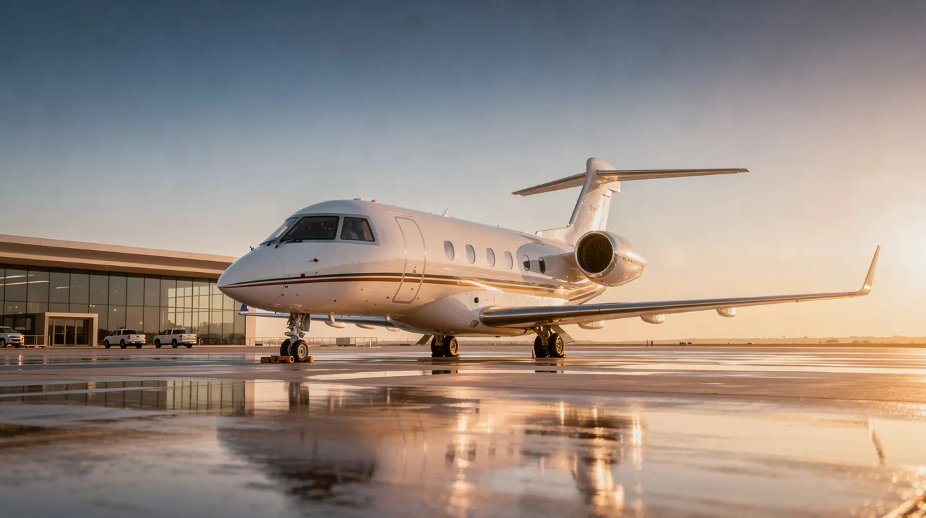 The image depicts a sleek private jet parked at a small airport, showcasing the luxury and convenience of private jet travel. With its spacious cabin and personalized service, this aircraft offers a comfortable option for private jet travelers seeking efficient and exclusive international flights.