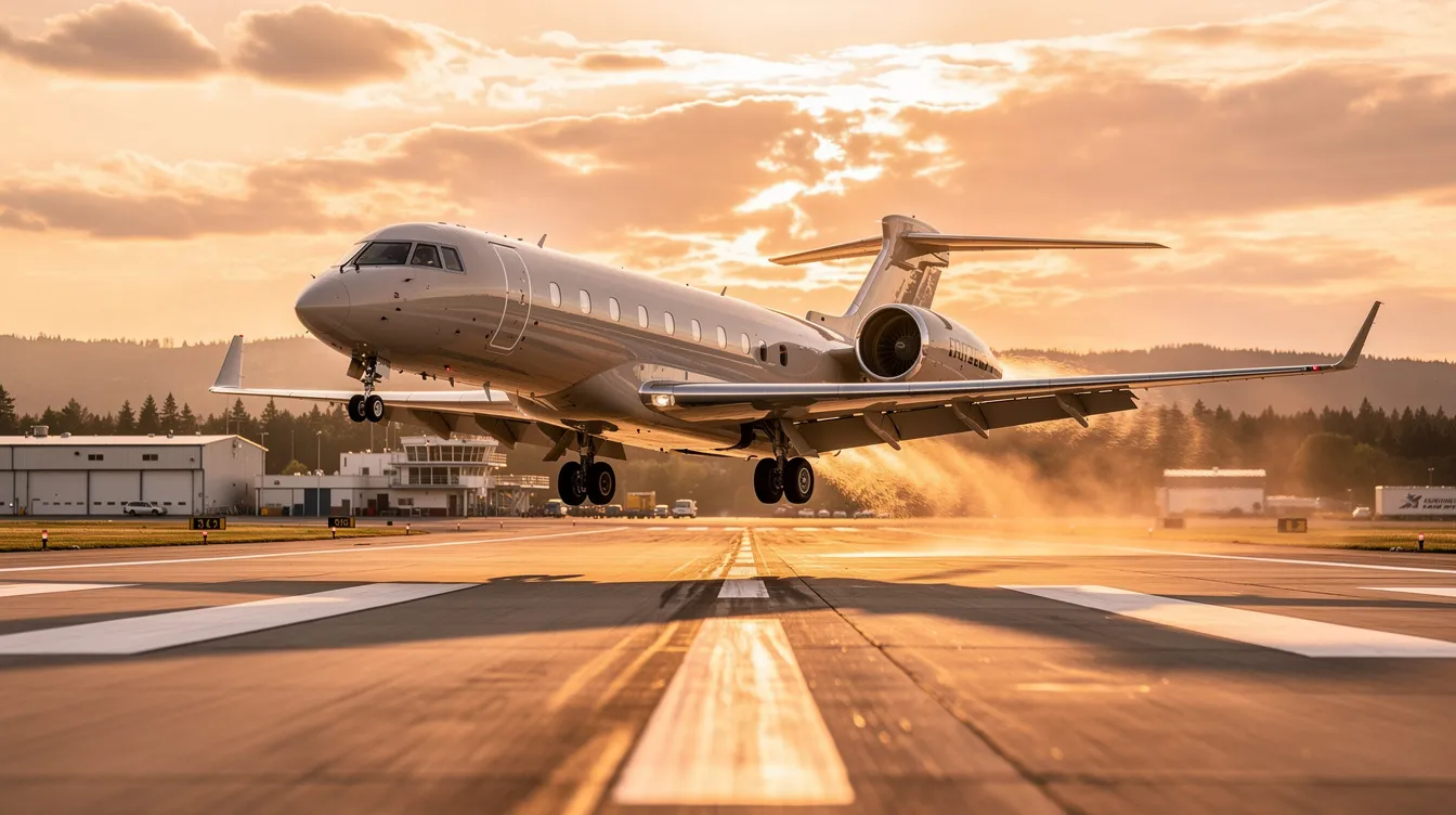 A private jet is taking off from a regional airport runway during the golden hour, showcasing the elegance of private air travel. The vibrant sunset casts a warm glow on the aircraft, highlighting the luxury and convenience of flying private.