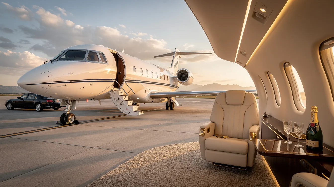 The image depicts a sleek private jet parked on a tarmac, symbolizing the luxury of private air travel and fractional ownership options. This aircraft represents the benefits of fractional jet ownership, offering guaranteed access and cost efficiency for discerning travelers seeking a more personalized flying experience.