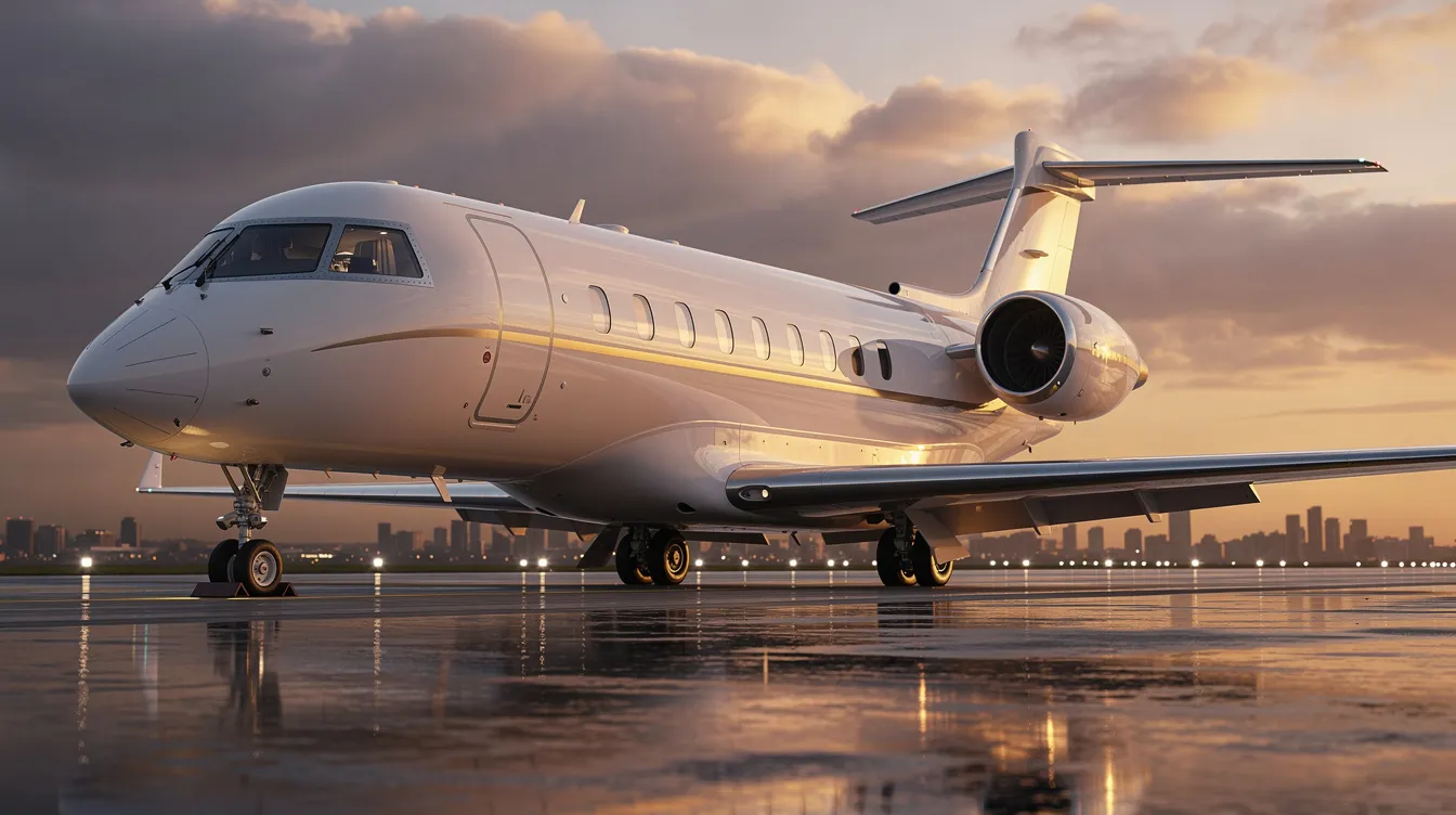 The image depicts a luxurious private aviation jet parked on a tarmac, showcasing its sleek design and spacious cabin. This representation of fractional jet ownership highlights the allure of private air travel, offering guaranteed access and cost efficiency for discerning travelers seeking a comfortable flying experience.