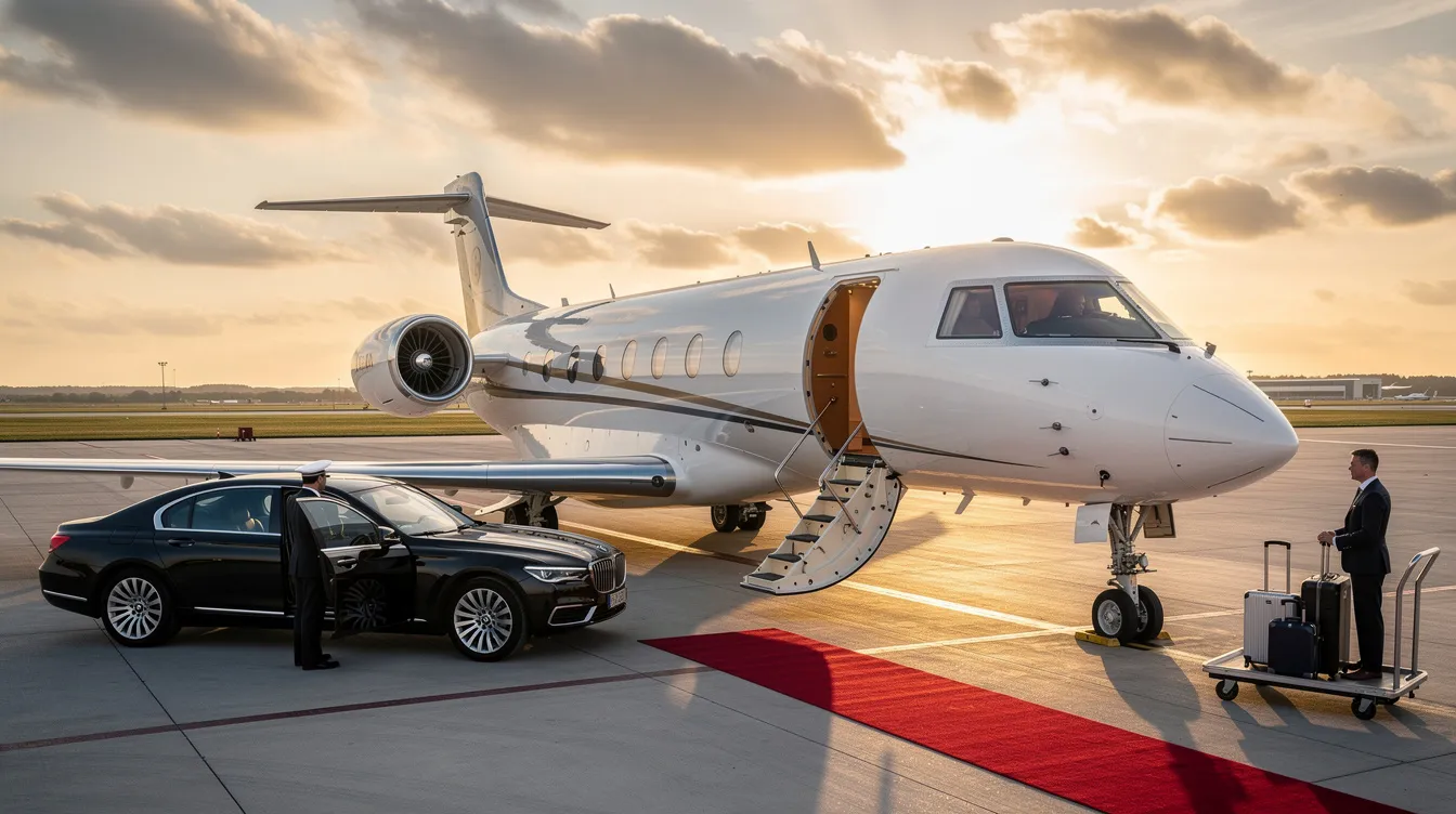 The image depicts a luxurious private jet parked on a tarmac, symbolizing the concept of private aviation and fractional jet ownership. This aircraft represents the ideal solution for discerning travelers seeking guaranteed access to a diverse fleet while managing operational costs through fractional ownership programs.
