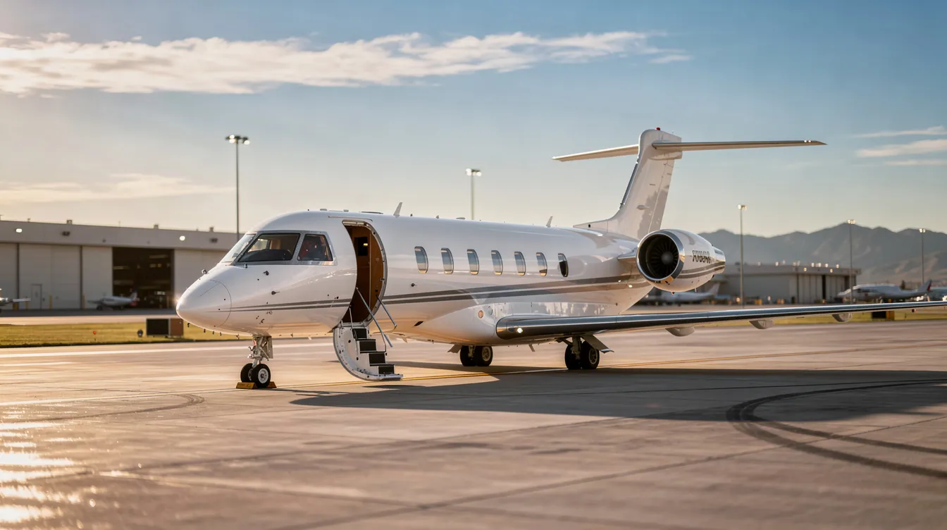 The image depicts a sleek private jet parked at a modern airport hangar, showcasing the luxurious design and advanced avionics typical of private aviation. This private jet charter symbolizes the convenience and comfort of private jet travel, offering an escape from crowded terminals for travelers seeking efficient and tailored flight experiences.