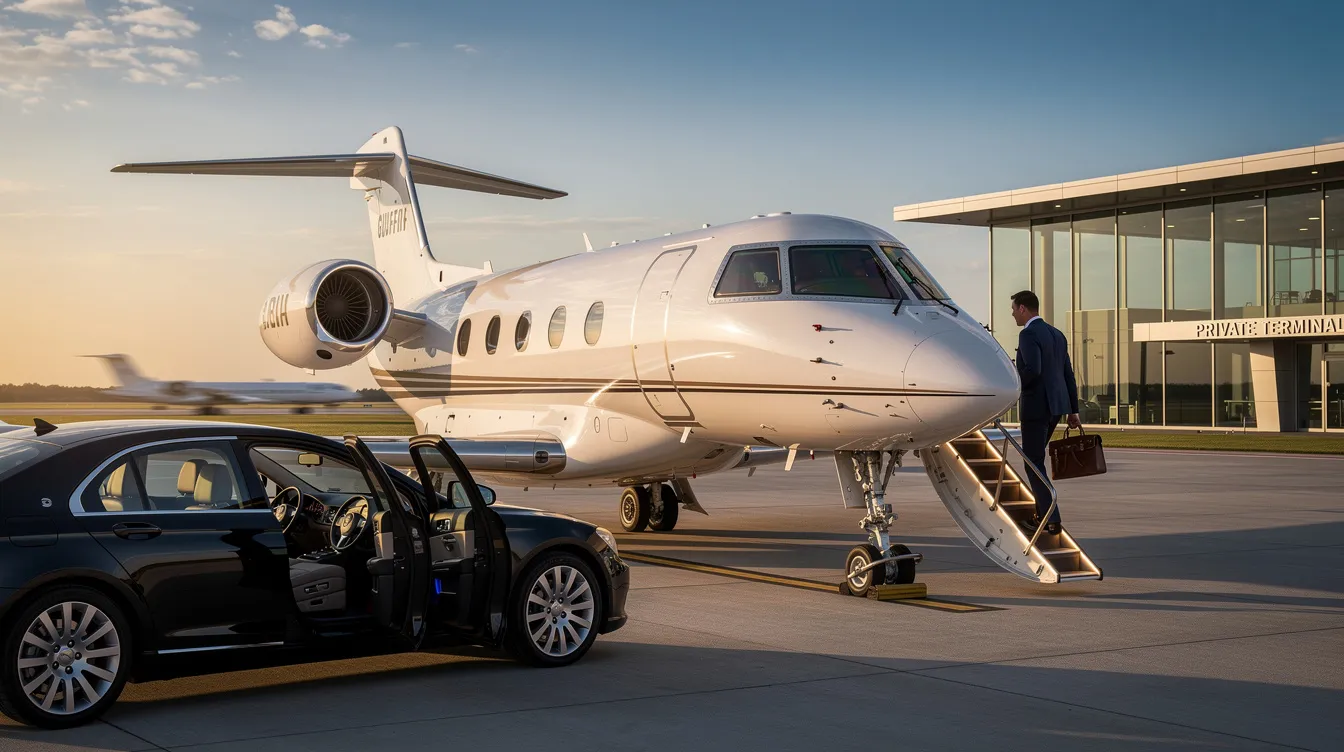The image showcases a sleek private jet parked at a modern airport hangar, emphasizing the luxury and convenience of private aviation. With spacious cabin comfort and advanced avionics, this private jet charter represents the ideal choice for travelers seeking efficient and personalized charter flights.
