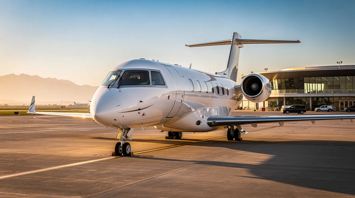The image depicts a sleek private jet parked at a modern airport hangar, showcasing the luxurious design and advanced avionics typical of private aviation. This private jet charter symbolizes the convenience and comfort of private jet travel, offering an escape from crowded terminals for travelers seeking efficient and tailored flight experiences.
