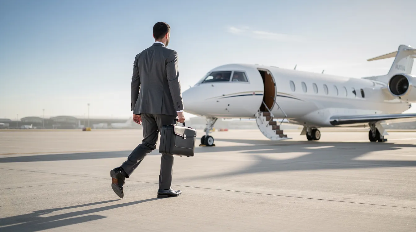 An executive in a tailored business suit is walking towards a sleek private jet parked on a pristine tarmac, carrying a small bag. The scene highlights the allure of private jet travel, emphasizing the convenience and luxury associated with private jet leasing and charter services.