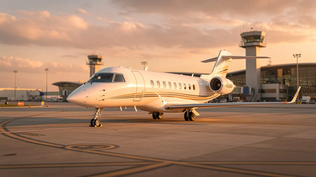 A sleek private jet is parked on a tarmac during golden hour, with the warm glow of the sun illuminating the aircraft against the backdrop of airport buildings. This scene captures the allure of private jet travel, highlighting the elegance and exclusivity associated with private jet leasing and charter services.