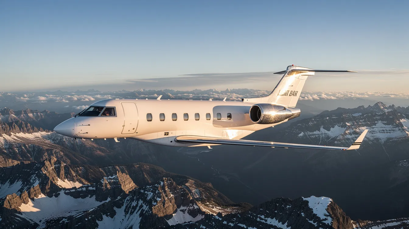 A midsize private jet soars gracefully above a stunning mountainous landscape under clear skies, showcasing the elegance of private aviation. This image captures the essence of private jet travel, highlighting the freedom and luxury of flying in a leased private jet.