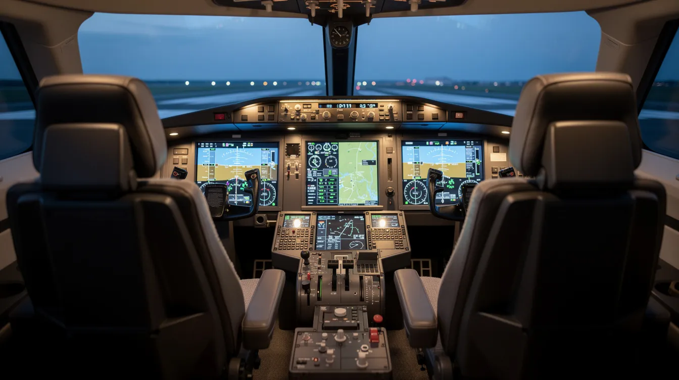 The image depicts a modern business jet cockpit featuring two pilot seats and advanced avionics displays illuminated in a sleek design, viewed from behind the seats. This setup highlights the sophistication of private jet travel and the technology that supports efficient flight operations.