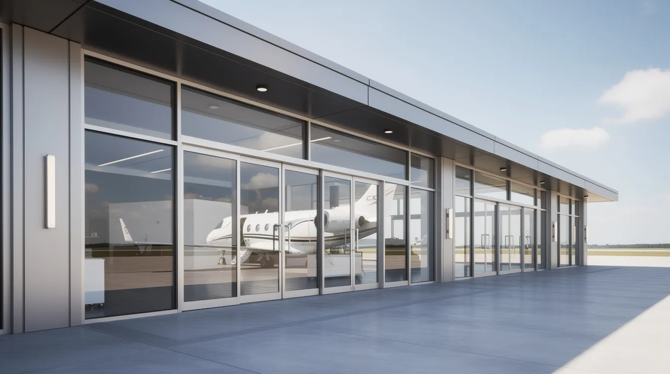 The image shows the exterior of a private aviation terminal featuring sleek glass doors, with a small private jet visible through the windows on the tarmac, highlighting the luxury and convenience of private jet charter services. This terminal serves discerning travelers seeking efficient and personalized travel experiences.