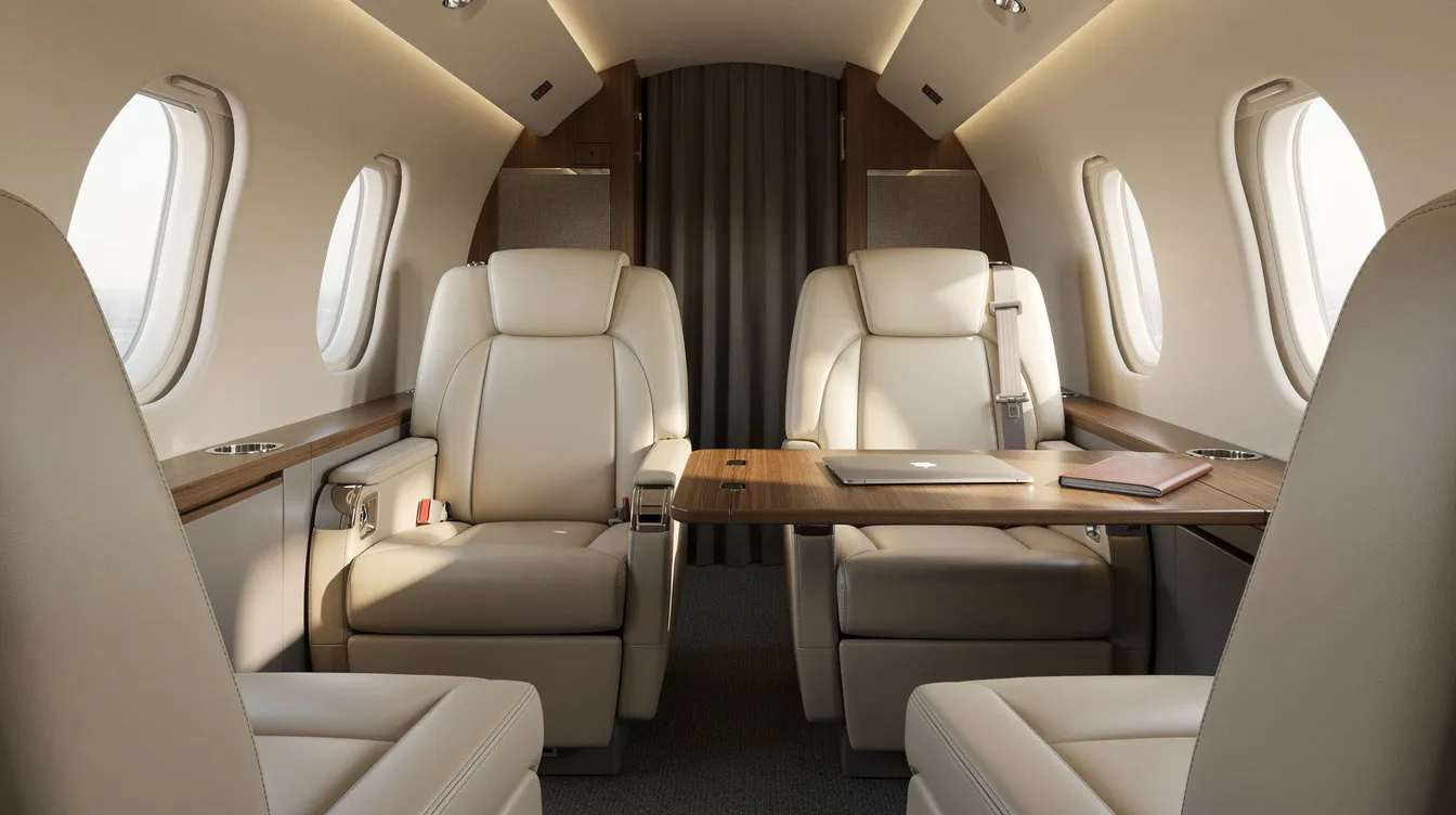 The image depicts the interior of a midsize private jet cabin featuring luxurious leather seats arranged in a club configuration, complemented by a fold-down work table and bathed in natural light from oval windows. This spacious cabin design is ideal for private jet travelers seeking comfort and efficiency during their journey, making it perfect for private jet charter flights.