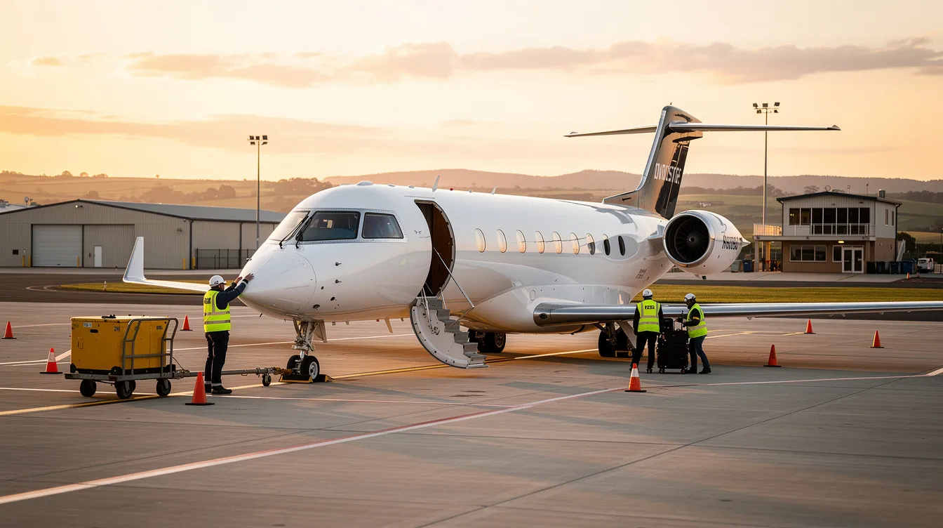 A modern private jet is parked on the tarmac of a small regional airport during golden hour, with a dedicated ground crew preparing for departure. This scene highlights the luxury of private jet travel, showcasing the convenience and personalized service offered by private jet charter services.