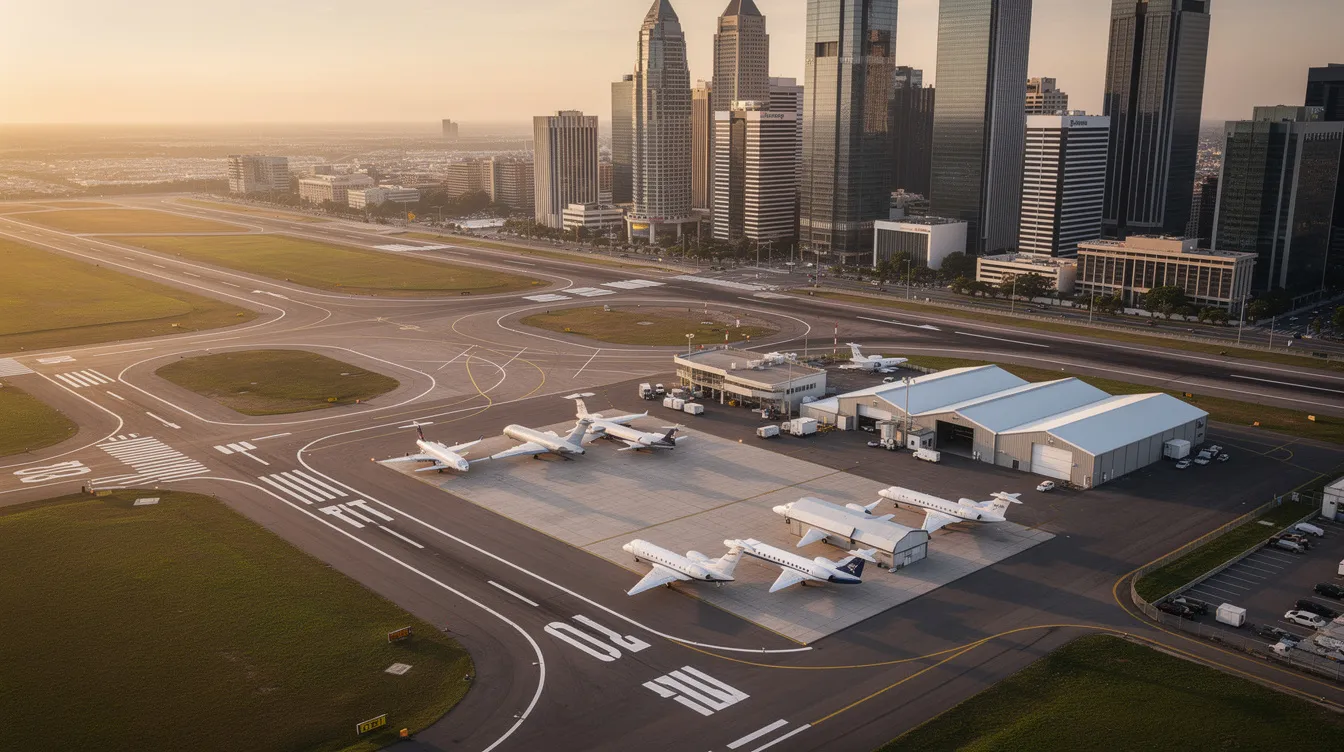 An aerial view of a small executive airport adjacent to a major city skyline showcases multiple runways and a lineup of parked private jets, highlighting the availability of private jet charter services for discerning travelers. This scene emphasizes the convenience and luxury of private aviation, offering access to efficient travel options in and out of urban centers.