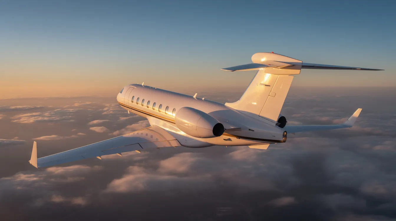 The image depicts a sleek private jet parked on a tarmac, showcasing its modern design and spacious cabin. This transatlantic private jet is ideal for long haul flights, offering personalized service and comfort for travelers seeking efficient private aviation options.