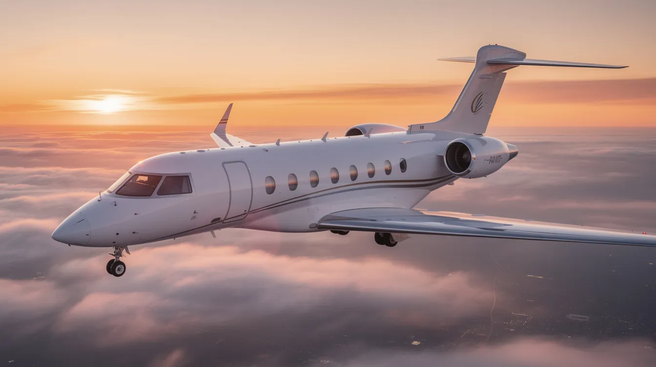 The image showcases a sleek private jet parked at an international airport, symbolizing the luxury of private aviation and transatlantic private jet travel. The spacious cabin and streamlined design highlight the comfort and efficiency of private jet flights across the Atlantic.
