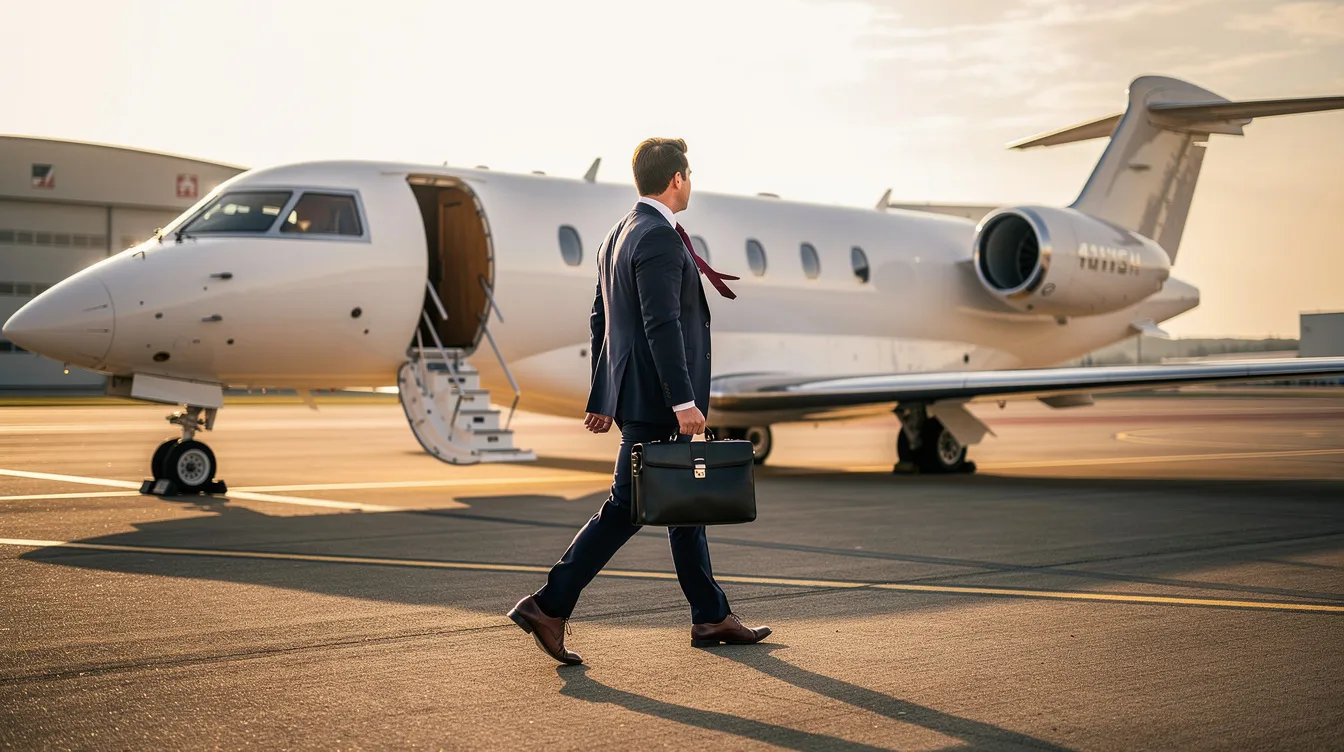 A business executive in a tailored suit walks confidently toward a private jet on a sunlit airfield, symbolizing the luxury and convenience of private jet travel. This scene highlights the appeal of private aviation for discerning travelers seeking efficient and personalized service in their travel plans.