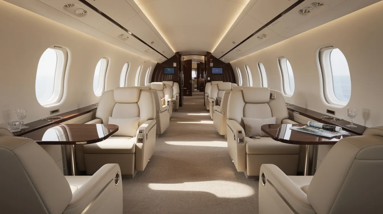 The image depicts the interior of a spacious large-cabin private jet, featuring luxurious leather seats arranged for comfort, with natural light streaming through elegant oval windows. This setting exemplifies the high standards of private aviation, offering an inviting atmosphere for discerning travelers seeking exceptional service during their private jet travel experience.