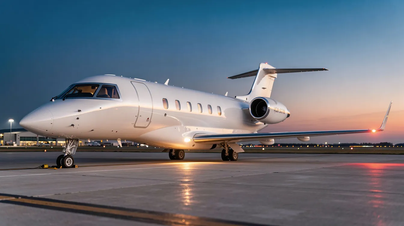 A sleek modern private jet is parked on a tarmac at dusk, with a clear sky providing a stunning backdrop. This image captures the essence of private aviation, highlighting the luxury and convenience of private jet travel for discerning travelers.