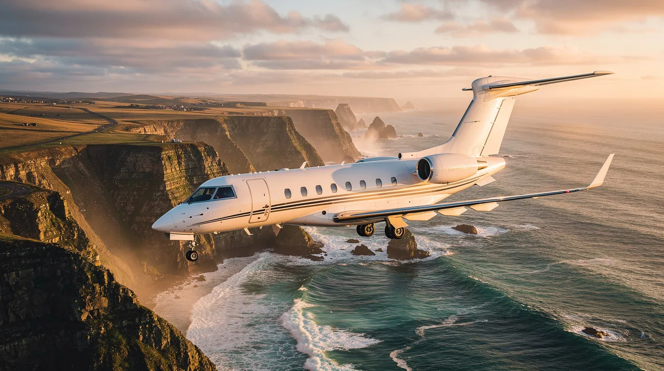A private jet is soaring gracefully over a stunning ocean coastline during golden hour, casting a warm glow on the water below. This scene captures the essence of private aviation, highlighting the luxury and freedom of private jet travel for discerning travelers.