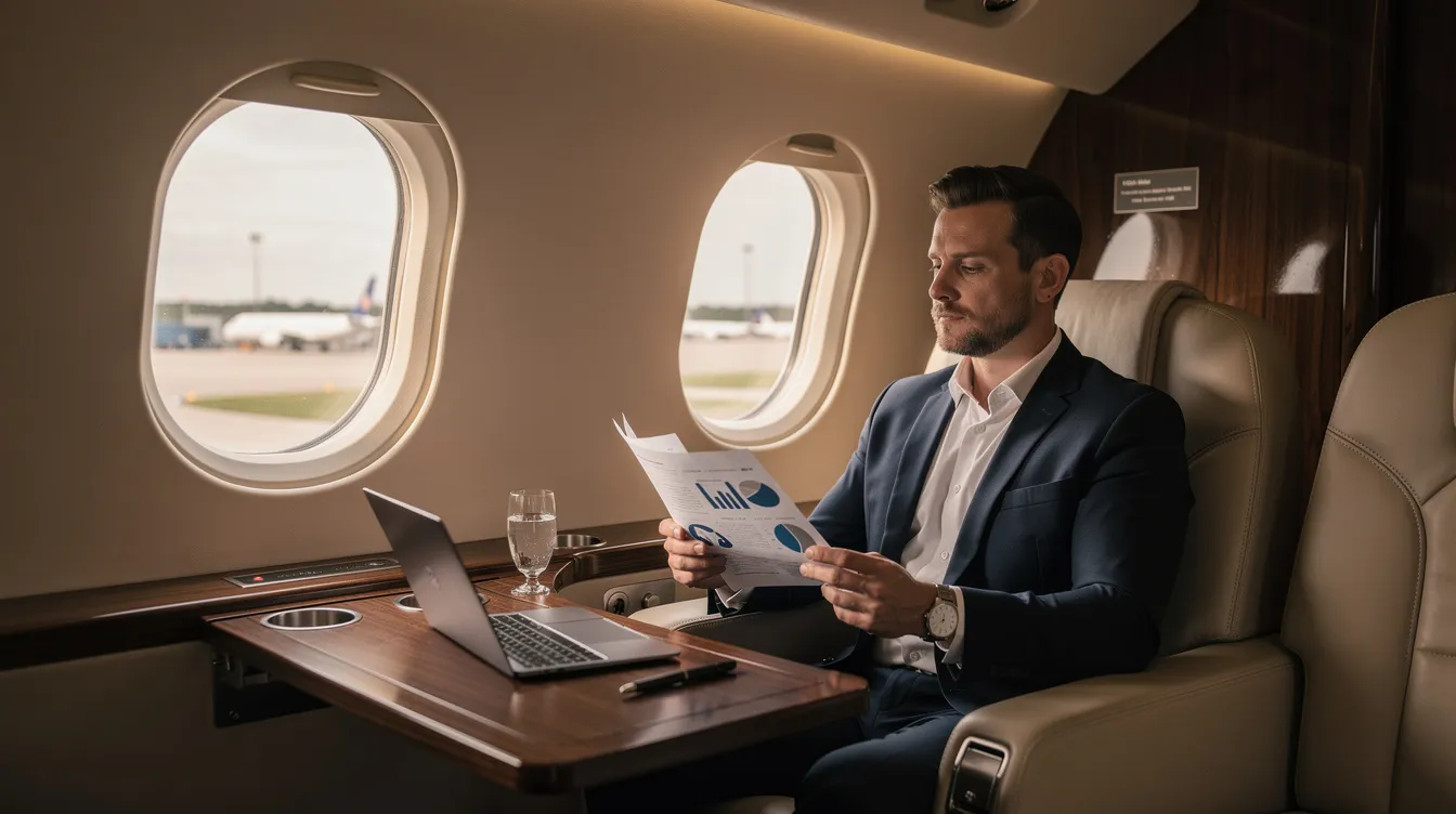 A business traveler is seated in a plush private jet cabin, surrounded by soft lighting, as they review important documents before departure. The serene environment reflects the luxury of private jet travel, ideal for discerning travelers seeking comfort and efficiency in their journeys.
