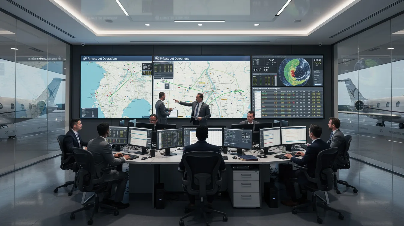 In a modern control room, a private aviation operations team meticulously reviews flight details, ensuring a seamless experience for travelers booking private jet charters. The room is equipped with advanced technology, highlighting their expertise in managing private flights and optimizing charter flight costs.
