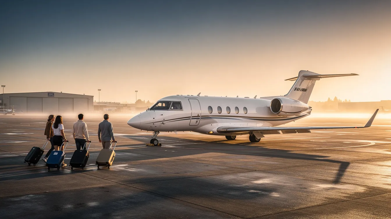 A private jet is parked on a quiet airport ramp at sunrise, with a small group of passengers walking towards it, ready for their private flight. This scene captures the essence of private jet travel, highlighting the convenience and luxury of private jet charter services.