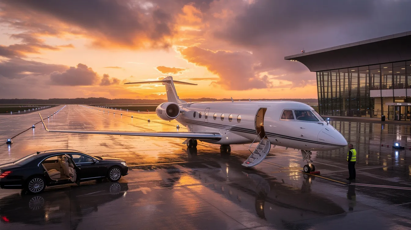 The image depicts a luxurious private jet on the tarmac, showcasing its sleek design and spacious cabin, which epitomize private aviation. This private jet travel option offers flexibility and comfort, making it ideal for international flights or charter flights with various aircraft options available, including light jets and ultra long range jets.