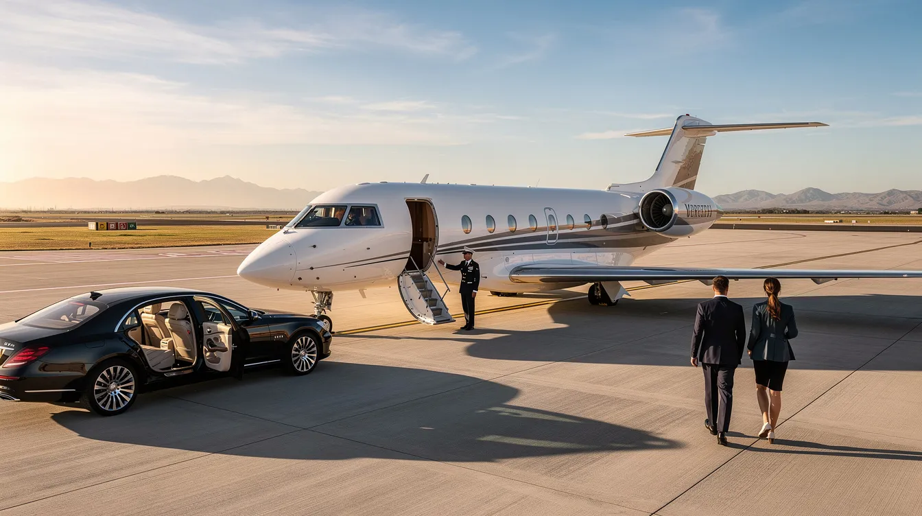 The image depicts a luxurious private jet parked at a small regional airport, showcasing sleek lines and a polished exterior. This represents the private aviation market, where individuals can rent a private jet for international flights, highlighting the convenience and exclusivity of private jet travel.