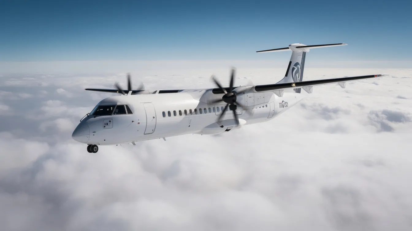 A modern turboprop aircraft soars above a sea of fluffy white clouds in bright daylight, showcasing the elegance of private aviation. This small aircraft symbolizes the convenience of private flights and the freedom of personal air travel.