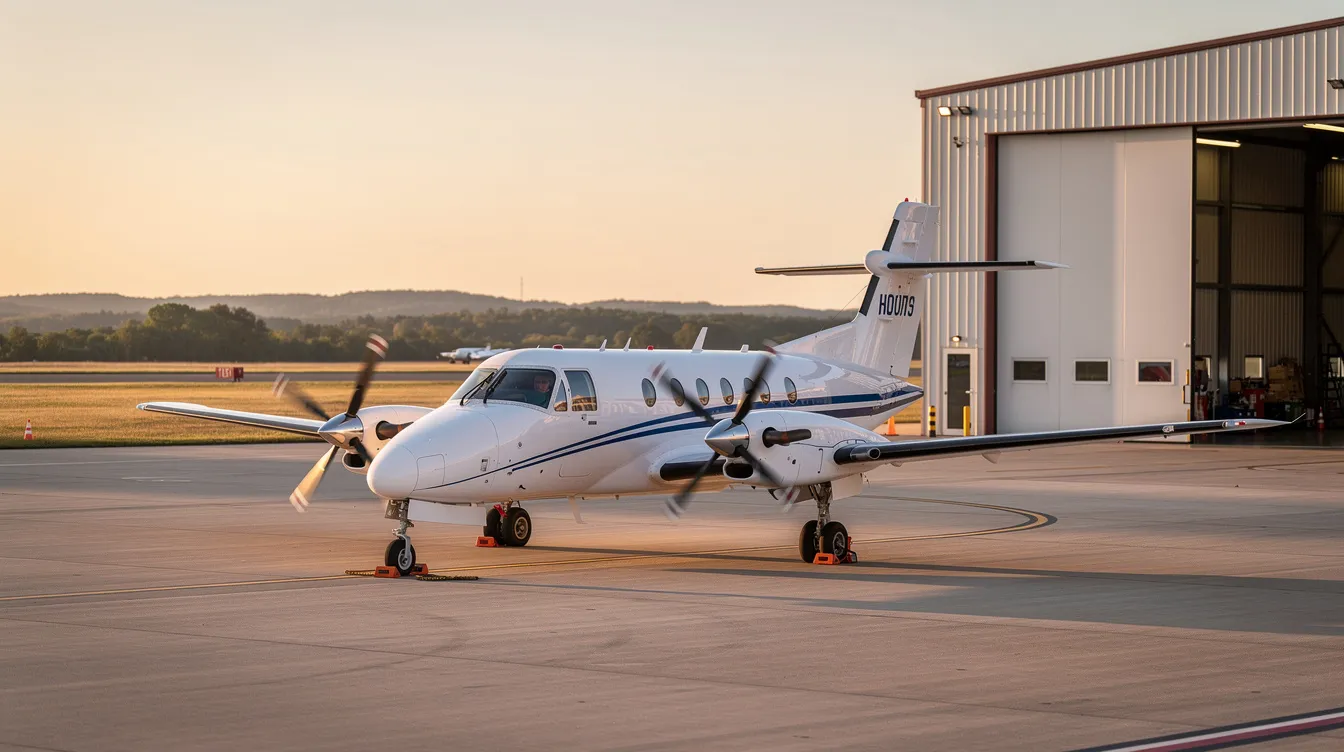 A small turboprop aircraft is parked near a quiet regional airport hangar, showcasing the simplicity and efficiency of private aviation. This light aircraft represents a cost-effective option for private flights, emphasizing the convenience of accessing smaller airports for discerning travelers.