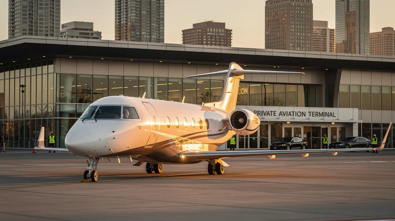 A light jet is taxiing near a bustling metropolitan private aviation terminal, showcasing the convenience of private air travel and charter services. This scene highlights the efficiency and accessibility of private flights, catering to discerning travelers seeking personalized service and lower operating costs.