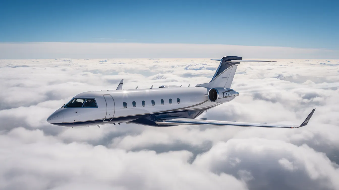 A modern private aircraft soars above fluffy white clouds during daylight, showcasing the elegance of private aviation. This scene captures the essence of private jet travel, emphasizing the luxurious experience of flying private.
