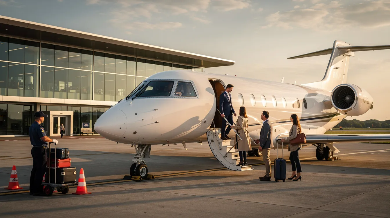 A private jet is parked at a serene executive aviation terminal, with travelers boarding the aircraft calmly, highlighting the ease and luxury of private jet travel. The scene reflects the efficiency and personalized service of private charter flights, catering to business executives and leisure travelers alike.