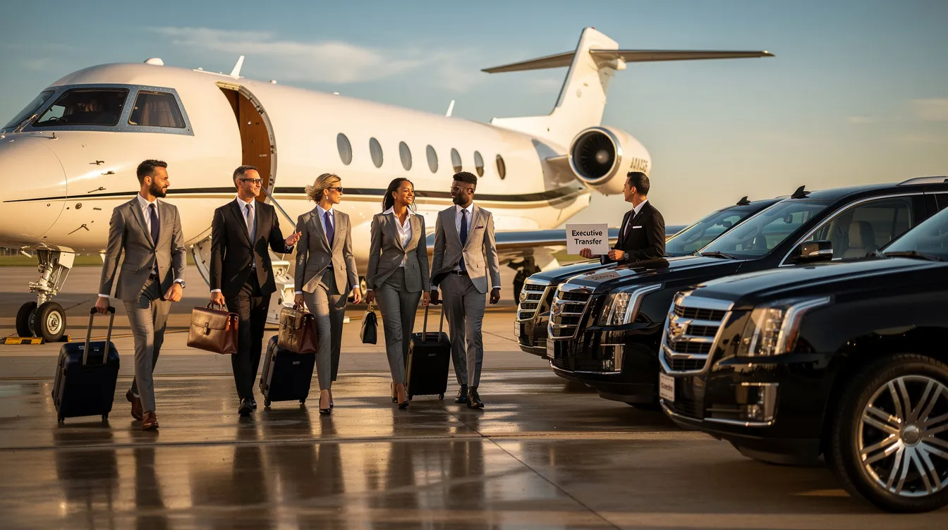 A group of executive travelers is seen walking from a private aircraft, a sleek private jet, towards waiting ground transportation vehicles. This scene captures the essence of private aviation, highlighting the convenience and efficiency of private jet travel for business executives.