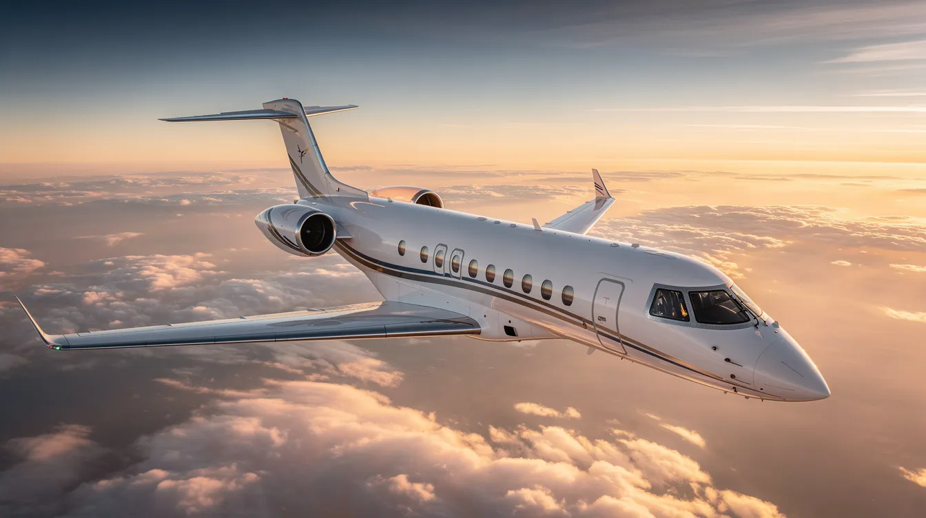 The image depicts a sleek private jet parked on a tarmac, showcasing its luxurious design and spacious cabin, ideal for both business and leisure travel. This private jet charter offers personalized service and guarantees access to a global network of destinations, enhancing the travel experience for its passengers.