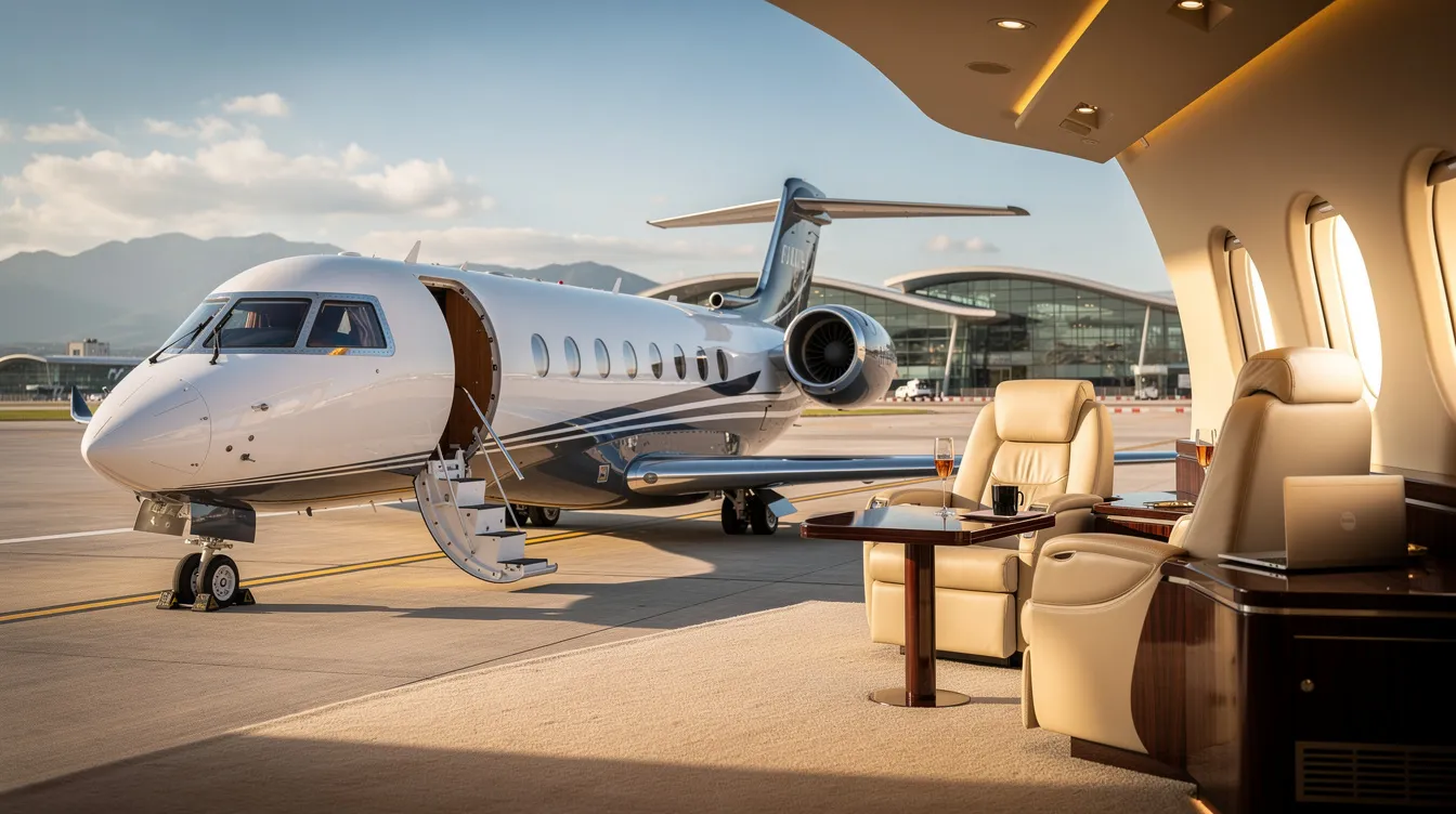 The image showcases a sleek private jet, symbolizing luxury and convenience in private jet travel. This aircraft is designed for both business and leisure travel, offering a comfortable and personalized charter experience for passengers.