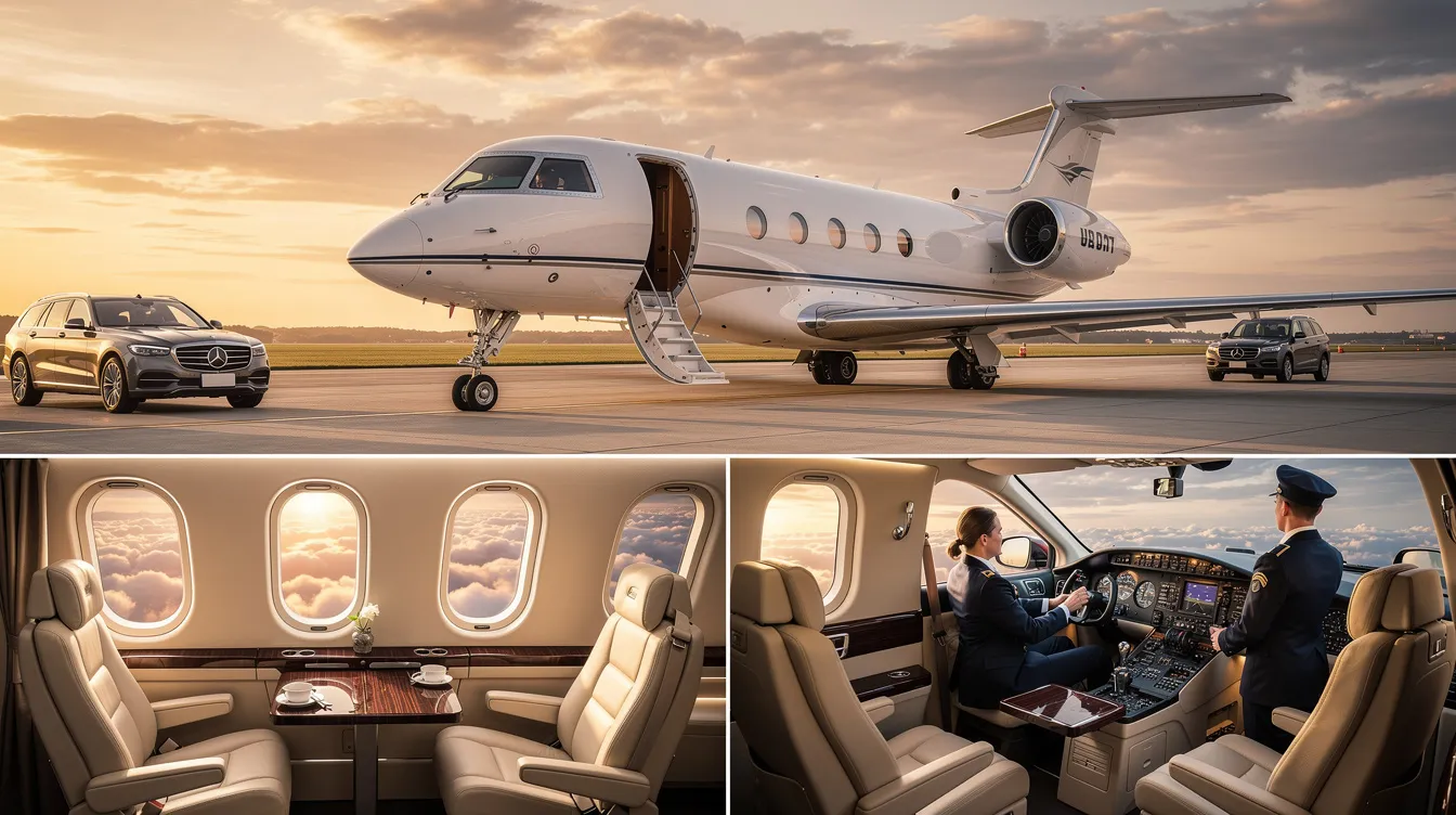 The image depicts a sleek private jet parked at a private aviation hangar, showcasing its modern design and luxurious features. This scene highlights the world of private jet travel, emphasizing the convenience and exclusivity of private jet charters for international flights.