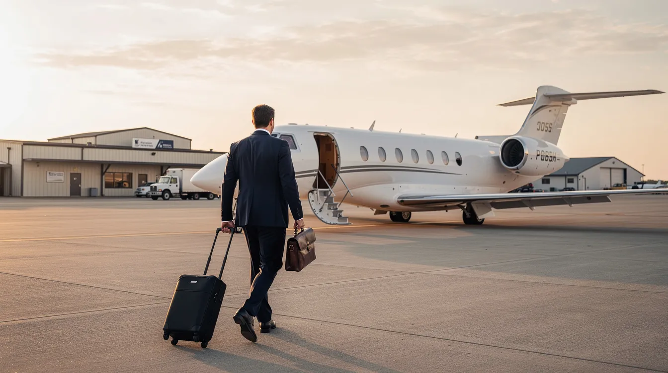 An executive traveler confidently walks toward a sleek private jet parked at a regional airport, ready for their private flight. The scene captures the luxury of private aviation, highlighting the convenience and exclusivity of private jet travel.