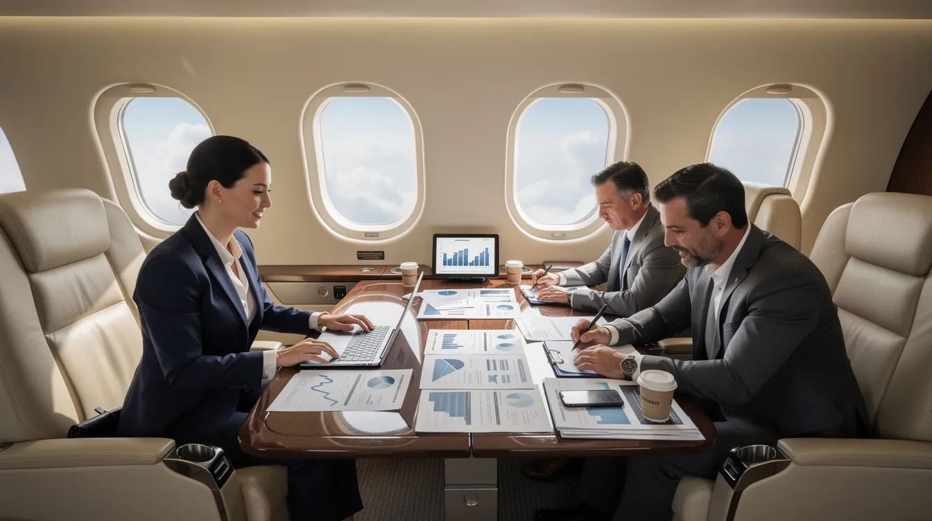 The image depicts a luxurious private jet cabin where business travelers are engaged in reviewing documents, highlighting the comfort and productivity that private jet travel offers. The setting emphasizes the convenience of private jet charter services, ideal for efficient meetings and discussions during flights.