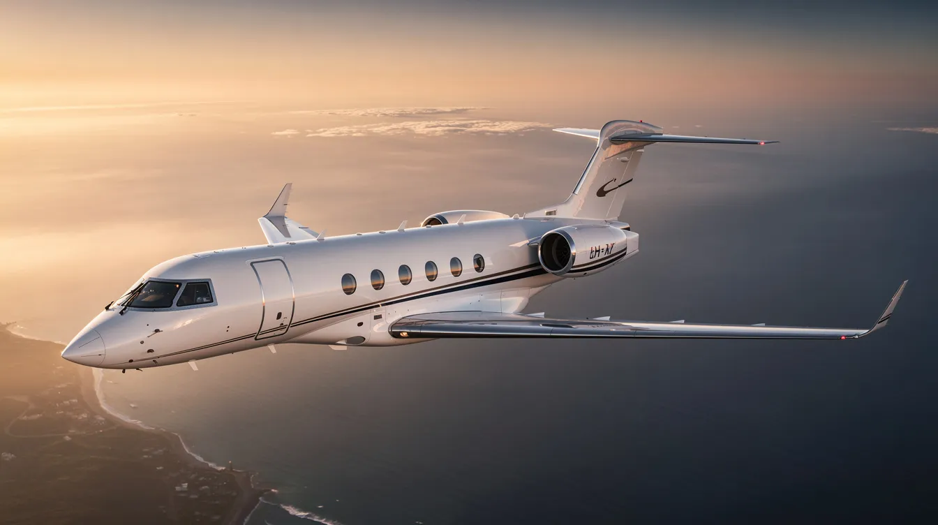 The image depicts a sleek private jet, specifically a Bombardier Learjet model, designed to comfortably accommodate up to eight passengers. With its ample space, leather seating, and advanced avionics, this private aircraft is ideal for business executives and leisure travelers seeking an efficient and luxurious in-flight experience.