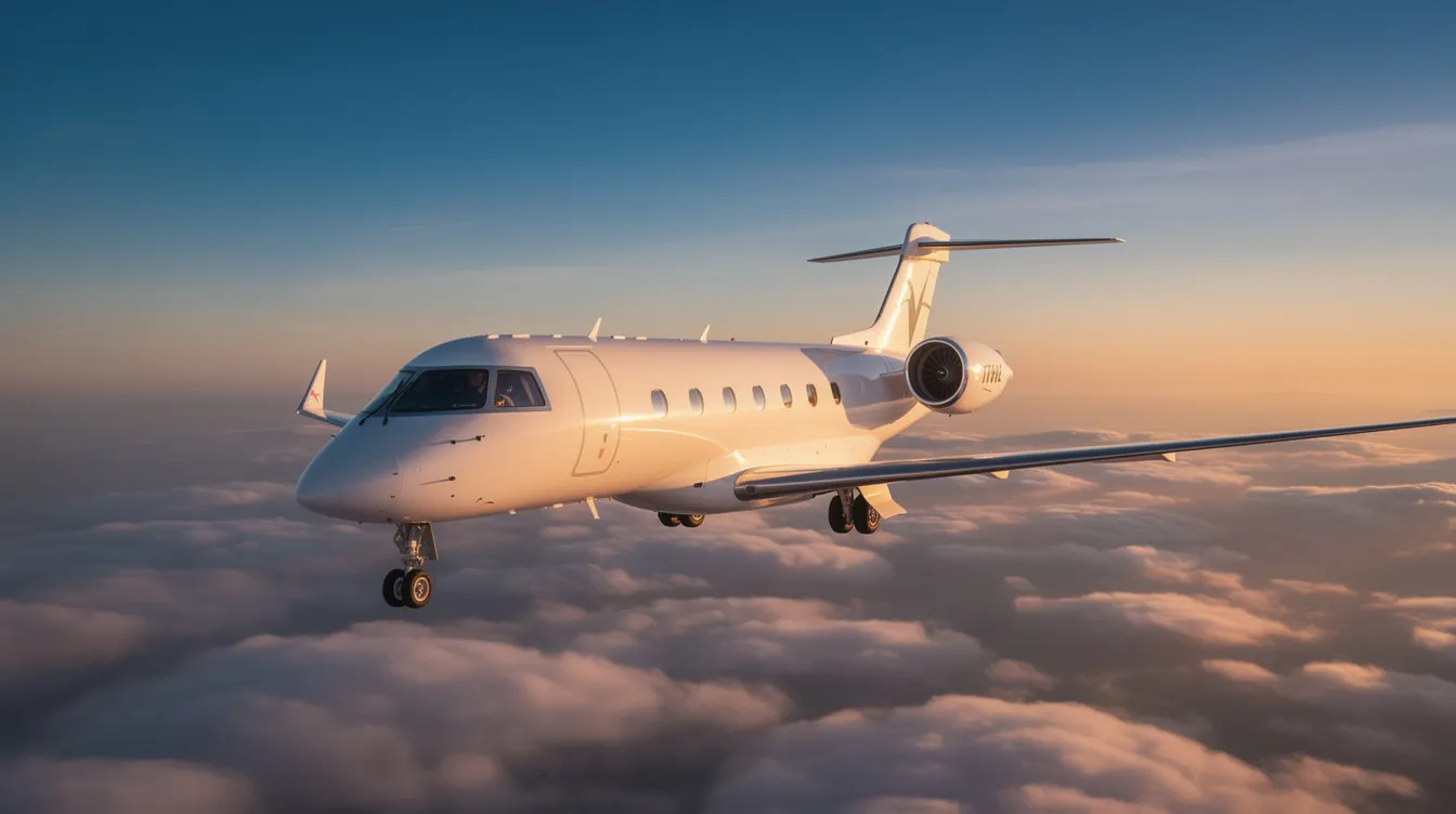 The image depicts a sleek private jet, specifically a Bombardier Learjet model, designed to comfortably accommodate up to eight passengers. With its ample space, leather seating, and advanced avionics, this private aircraft is ideal for business executives and leisure travelers seeking an efficient and luxurious in-flight experience.
