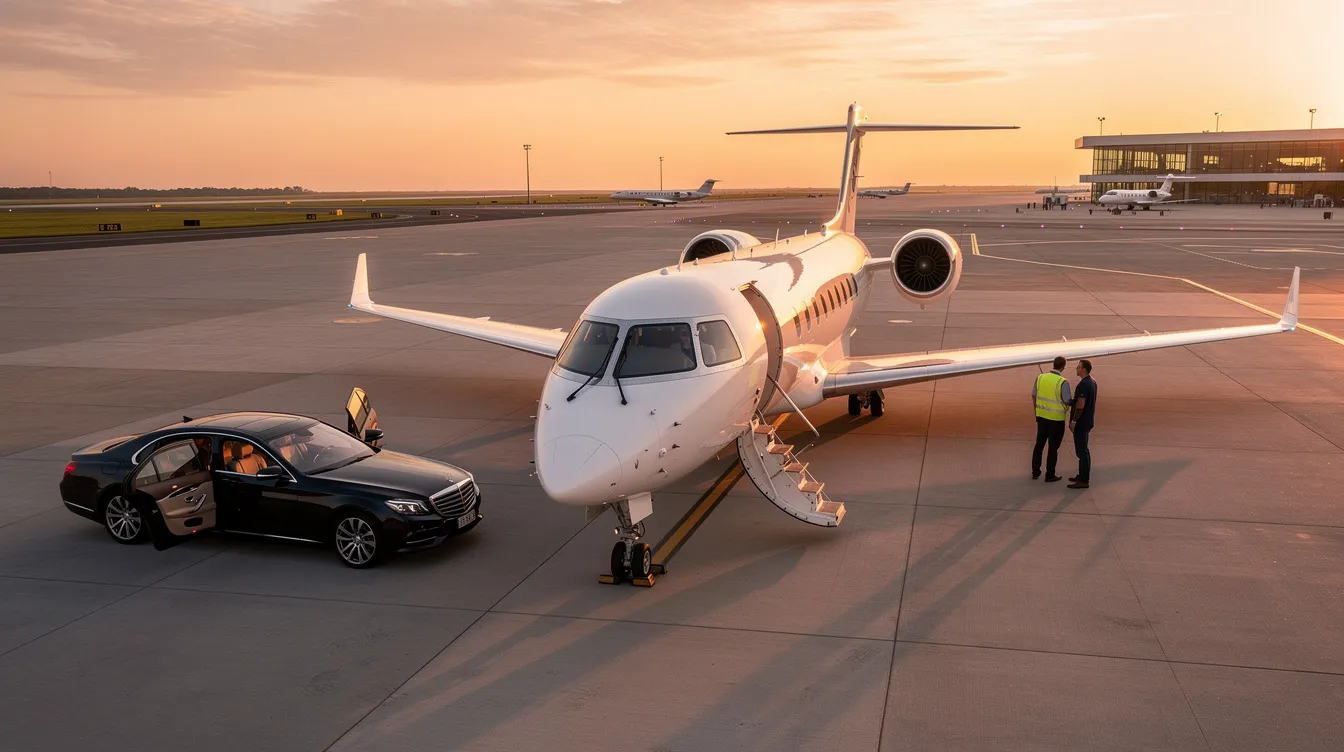 The image depicts a luxurious private jet interior designed for business aviation, showcasing comfortable leather seating arranged in a double club layout, accommodating up to eight passengers. The cabin features ample space, fold-out work tables, and power outlets, ensuring an optimal in-flight experience for executives on private jet charters.