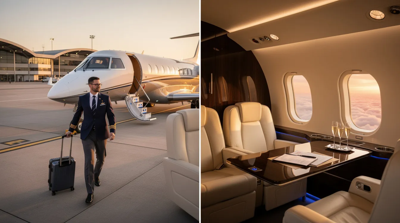 The image depicts a sleek private jet parked at a private terminal, showcasing its luxurious design and spacious cabin interior, ideal for both business and leisure travel. This visual highlights the benefits of private jet charter services, including the convenience of flying private and the potential costs involved in chartering a private jet.