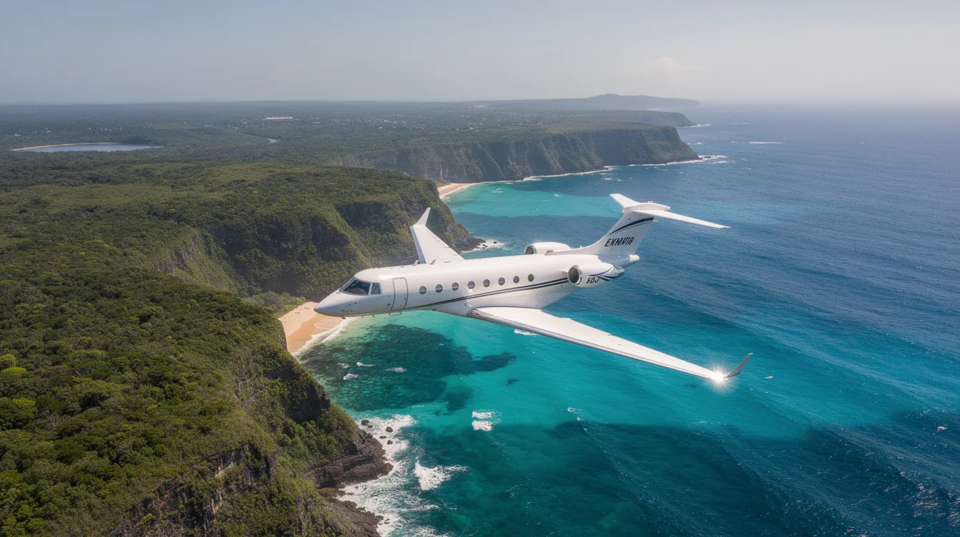 An aerial view captures a private jet soaring over a lush green coastline, with the vibrant blue ocean stretching below. This scene highlights the luxury of private jet travel, ideal for both business and leisure, as it glides effortlessly above the picturesque landscape.