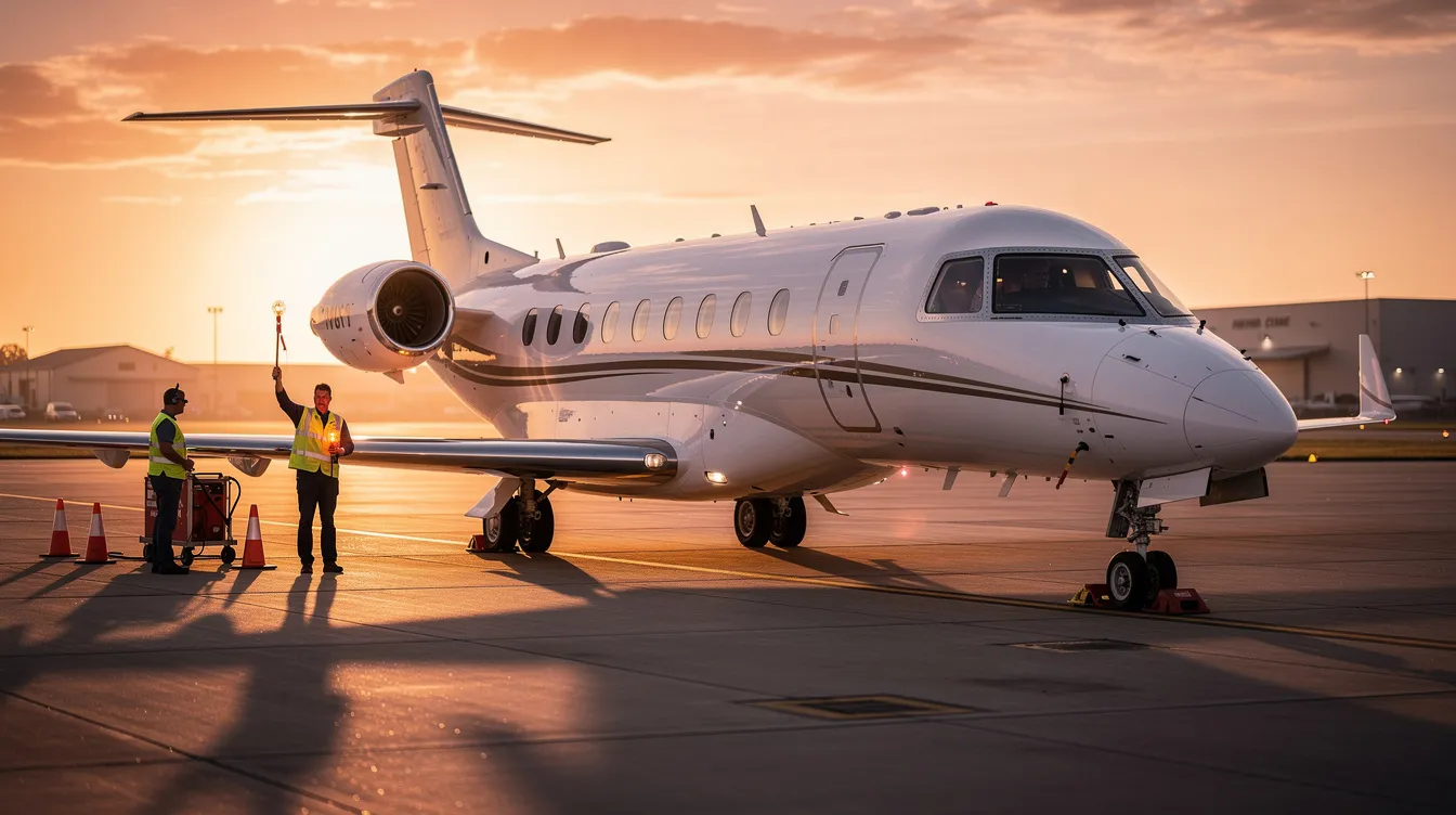 A sleek midsize private jet is parked on a tarmac at sunset, casting a warm glow on the scene, with ground crew members visible nearby preparing for the next flight. This image captures the essence of private jet travel, highlighting the luxury and convenience of private jet charter services.