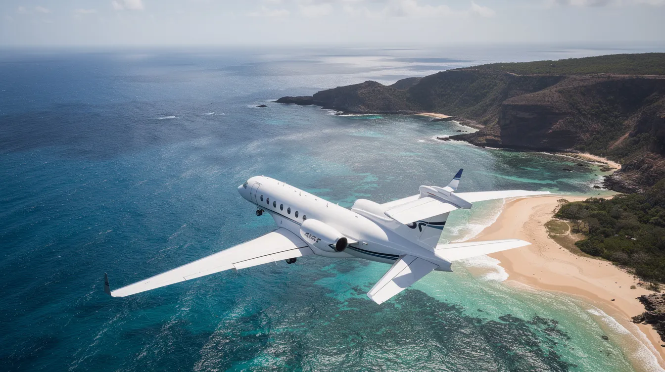An aerial view captures a private jet soaring over a stunning coastal landscape, showcasing the vibrant blue water below. This image highlights the allure of private aviation and the luxurious experience of flying in a private jet.