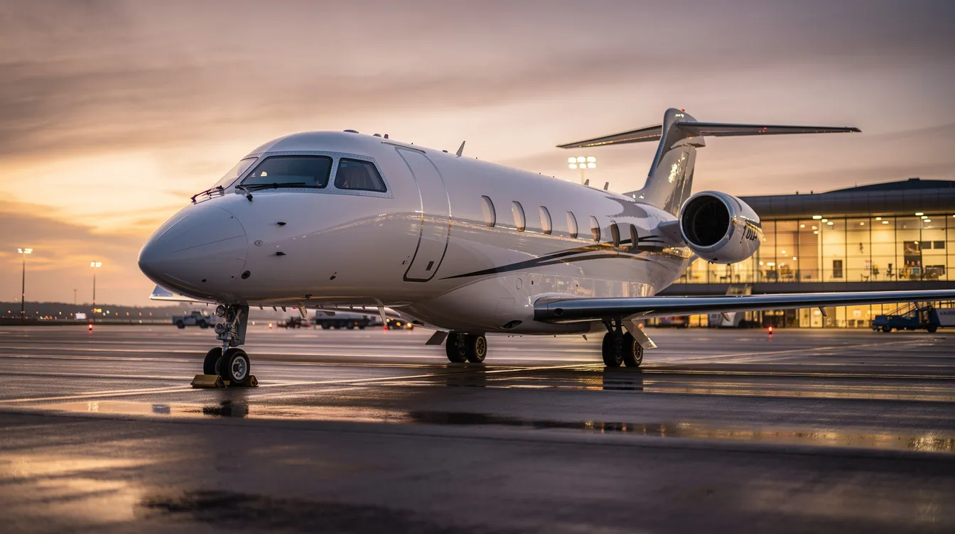 A sleek private jet is parked on a tarmac at dusk, illuminated by the glowing lights of the terminal in the background, highlighting the allure of private aviation and the luxury of private jet travel. The scene captures the essence of exclusivity associated with private jet charter services.