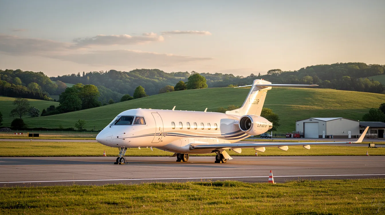 A small private jet is parked at a quiet regional airport, surrounded by lush green hills, showcasing the tranquility of private aviation. This light jet represents the convenience of private jet travel, offering a serene escape from commercial flights.